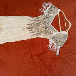 Beaded Ivory Fringe Evening Dress with Gold & Silver Embellishment
